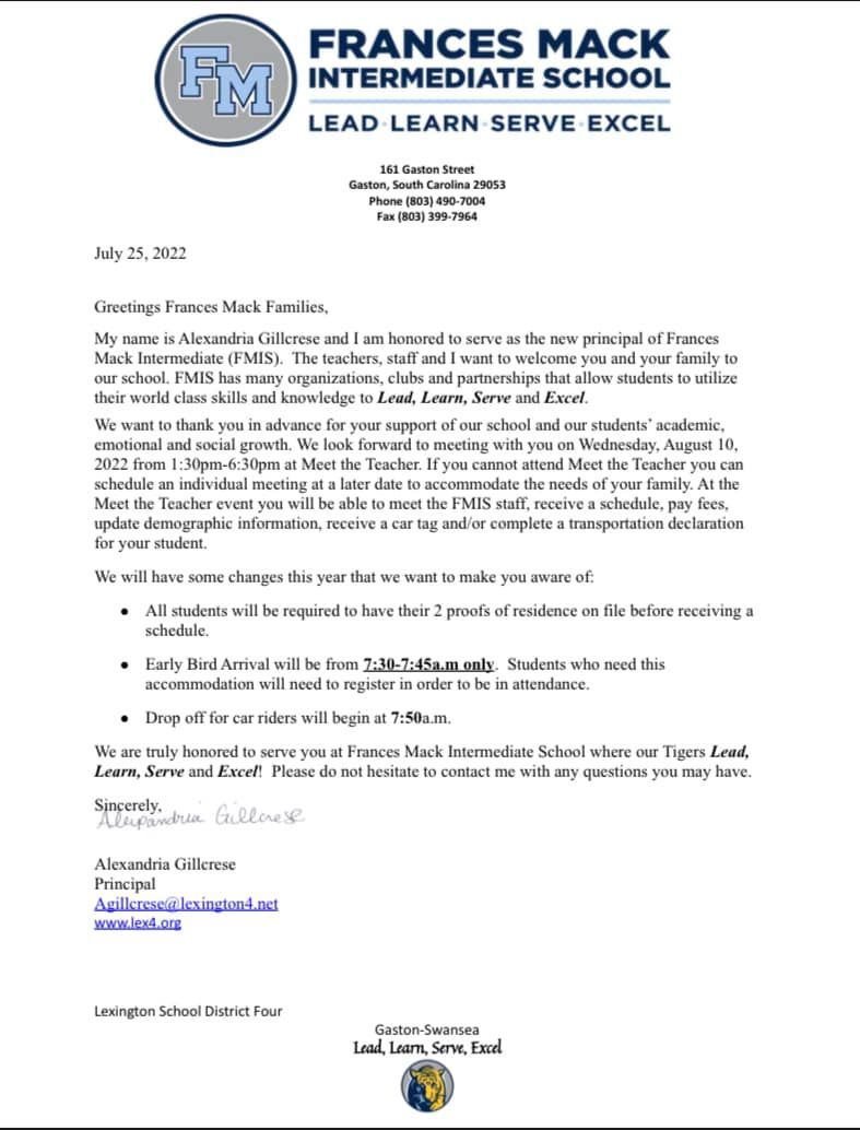  Letter From Principal Gillcrese